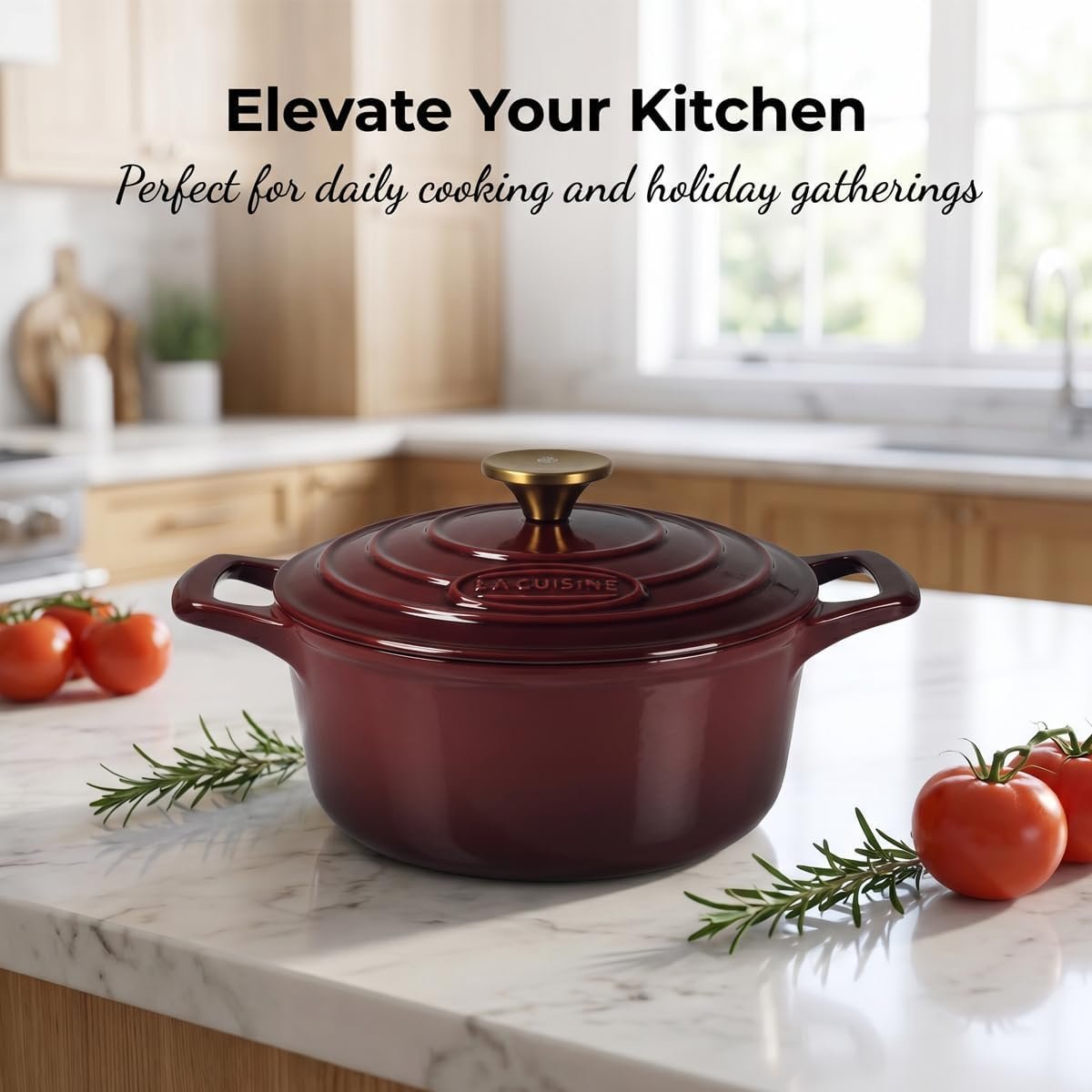 La Cuisine Enameled Cast Iron Dutch Oven Casserole Dish Pot with Lid, 2 Liters 20cm Dia. Matte Black Enamel Interior, Cranberry Enamel Finish Exterior, Gold-Plated Stainless Steel Lid Handle Oven Safe - Image 7