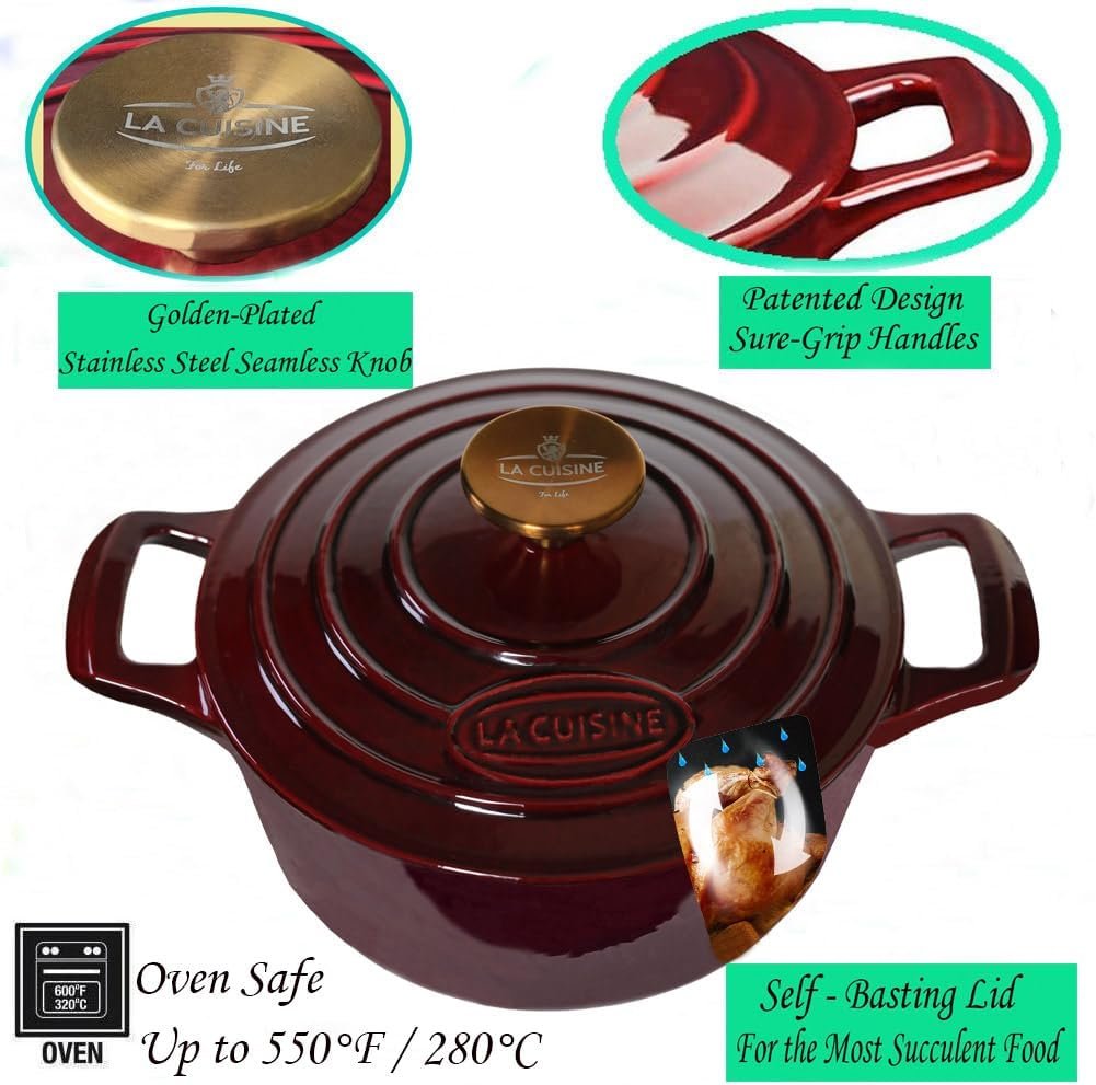 La Cuisine Enameled Cast Iron Dutch Oven Casserole Dish Pot with Lid, 2 Liters 20cm Dia. Matte Black Enamel Interior, Cranberry Enamel Finish Exterior, Gold-Plated Stainless Steel Lid Handle Oven Safe - Image 4