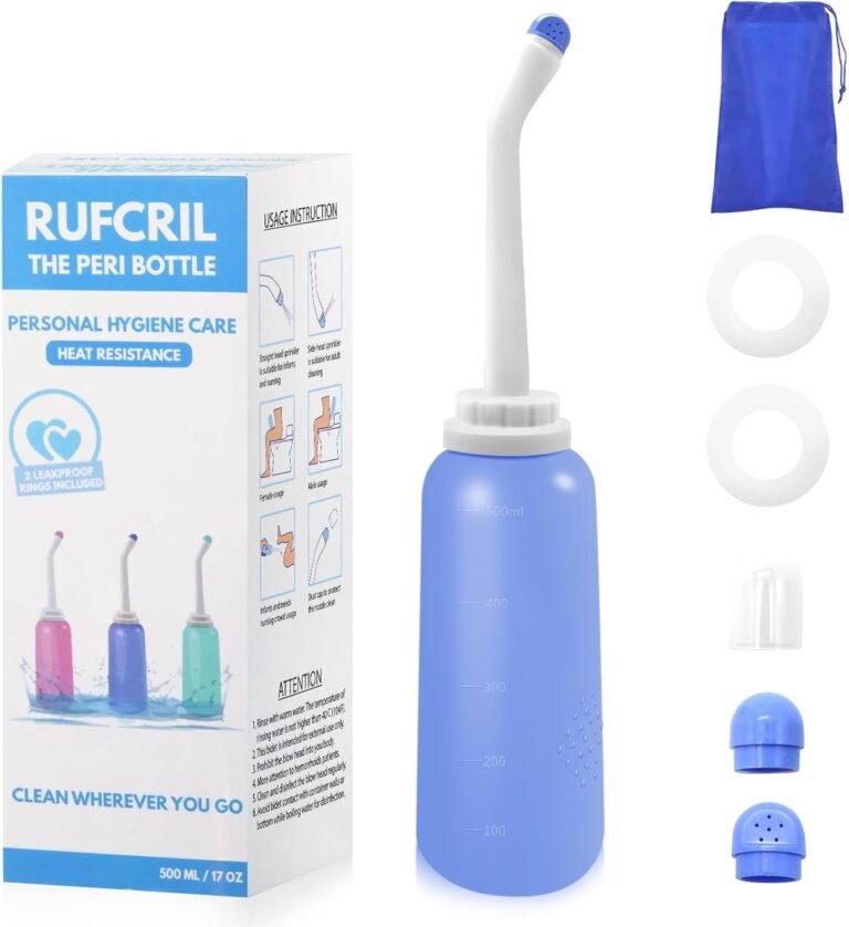 RUFCRIL Peri Bottle, Portable Travel Bidet with Bag, TPE Material Can Be Boiled, 17oz/500ml with 2 Sealing Rings,Essentials for Postpartum Perineal Care,Hemorrhoid Relief,and Baby(Blue)