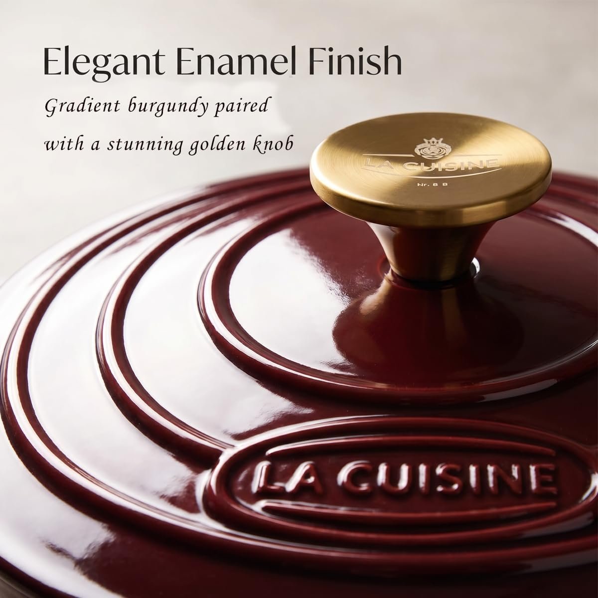 La Cuisine Enameled Cast Iron Dutch Oven Casserole Dish Pot with Lid, 2 Liters 20cm Dia. Matte Black Enamel Interior, Cranberry Enamel Finish Exterior, Gold-Plated Stainless Steel Lid Handle Oven Safe - Image 2