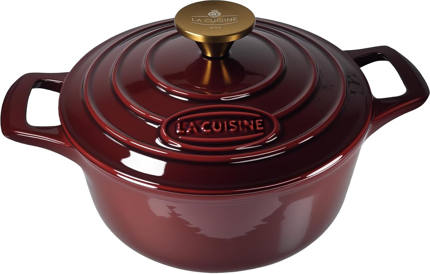 La Cuisine Enameled Cast Iron Dutch Oven Casserole Dish Pot with Lid, 2 Liters 20cm Dia. Matte Black Enamel Interior, Cranberry Enamel Finish Exterior, Gold-Plated Stainless Steel Lid Handle Oven Safe