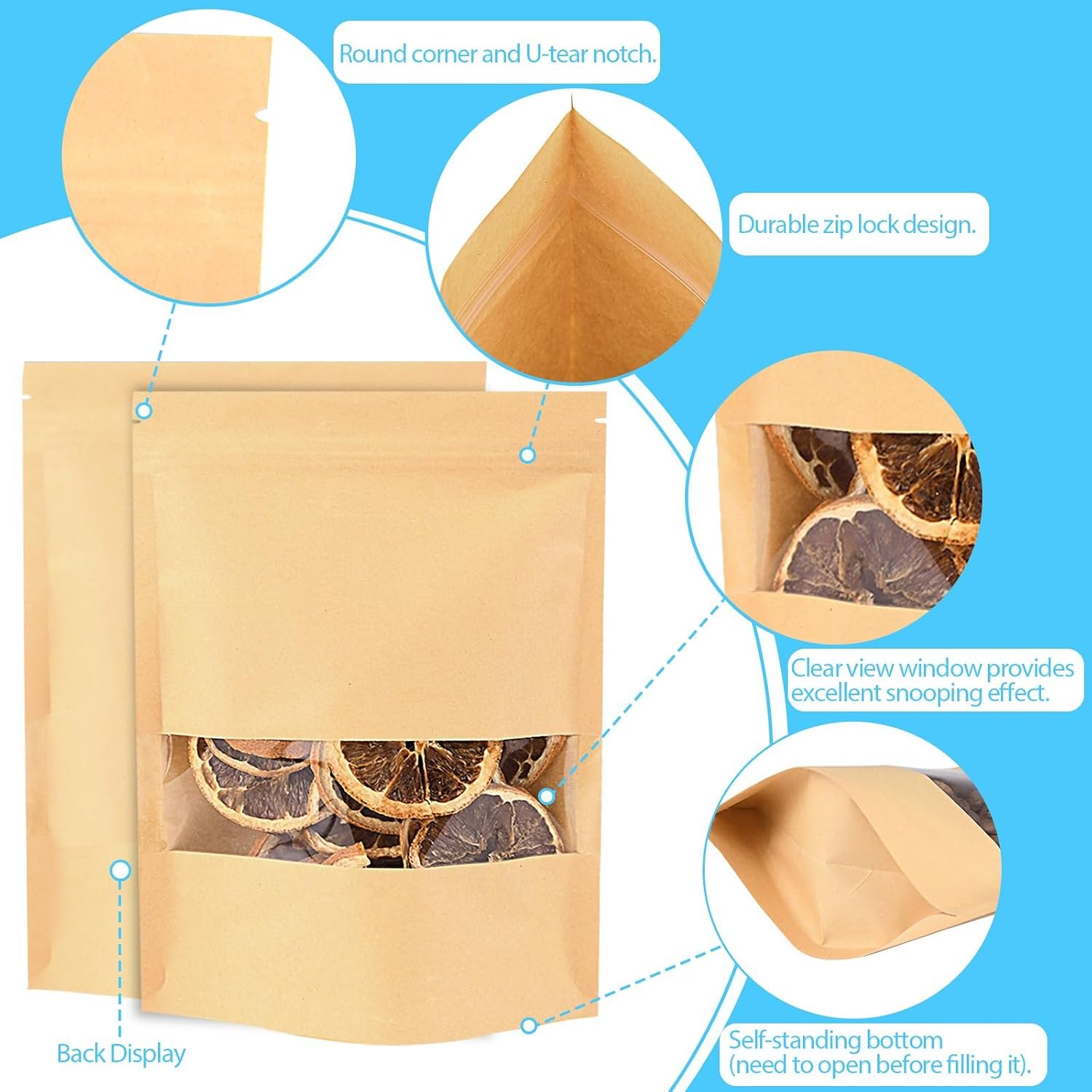 200 Pcs Kraft Paper Food Bags with Window Stand Up Pouches 16x22 cm, Zip Lock Food Storage Bags for Packaging Products, Reusable, Sealable - Image 4