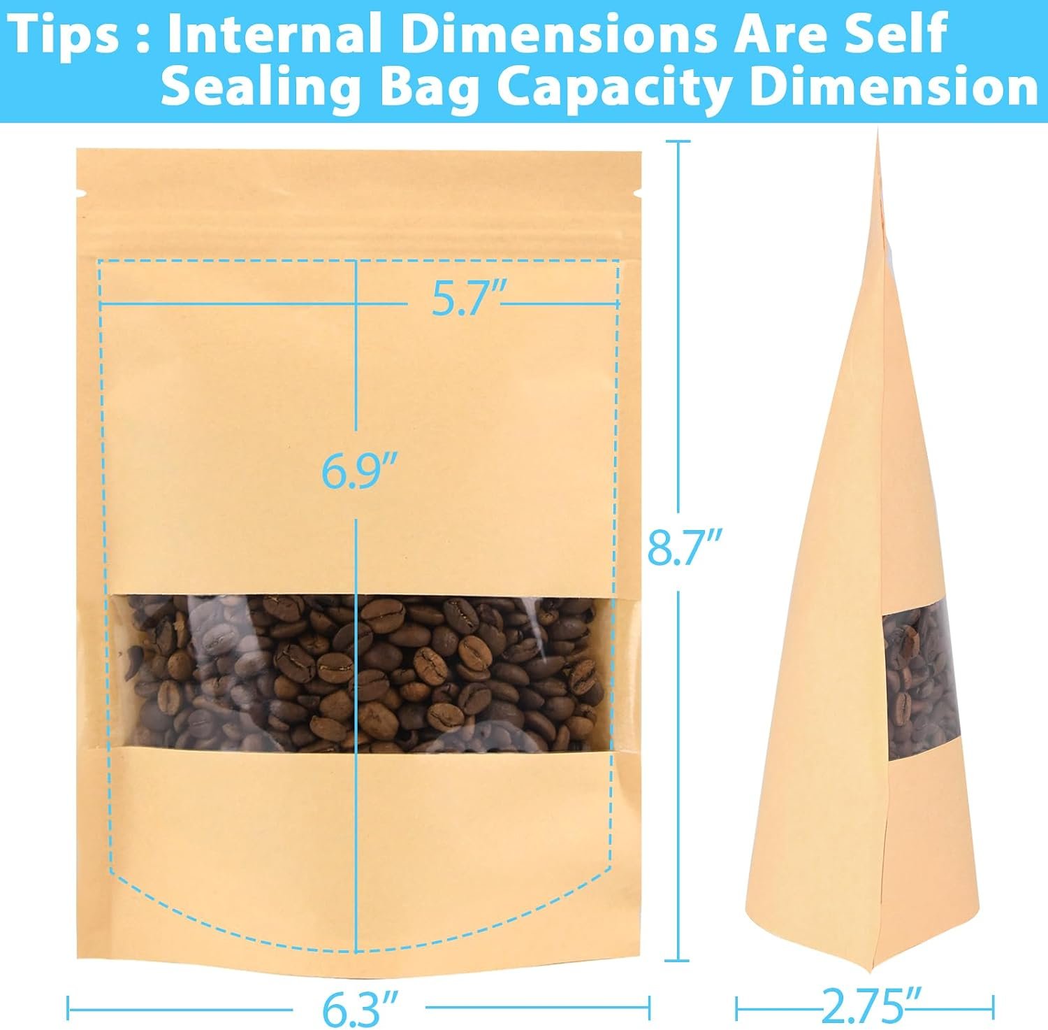 200 Pcs Kraft Paper Food Bags with Window Stand Up Pouches 16x22 cm, Zip Lock Food Storage Bags for Packaging Products, Reusable, Sealable - Image 2