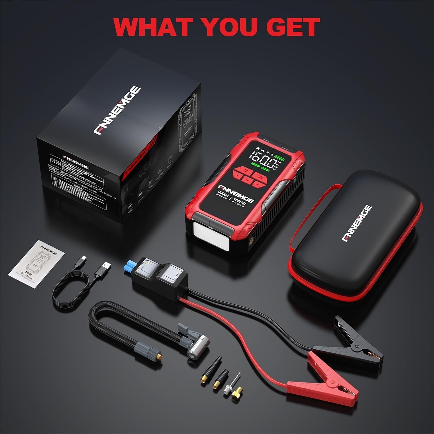 FNNEMGE 9000A Jump Starter with Air Compressor, 26800mAh 12V Battery Booster(for All Gas/10.0L Diesel), 160PSI Tire Inflator, with USB Output,2 LED Light,HD Large Screen. - Image 8