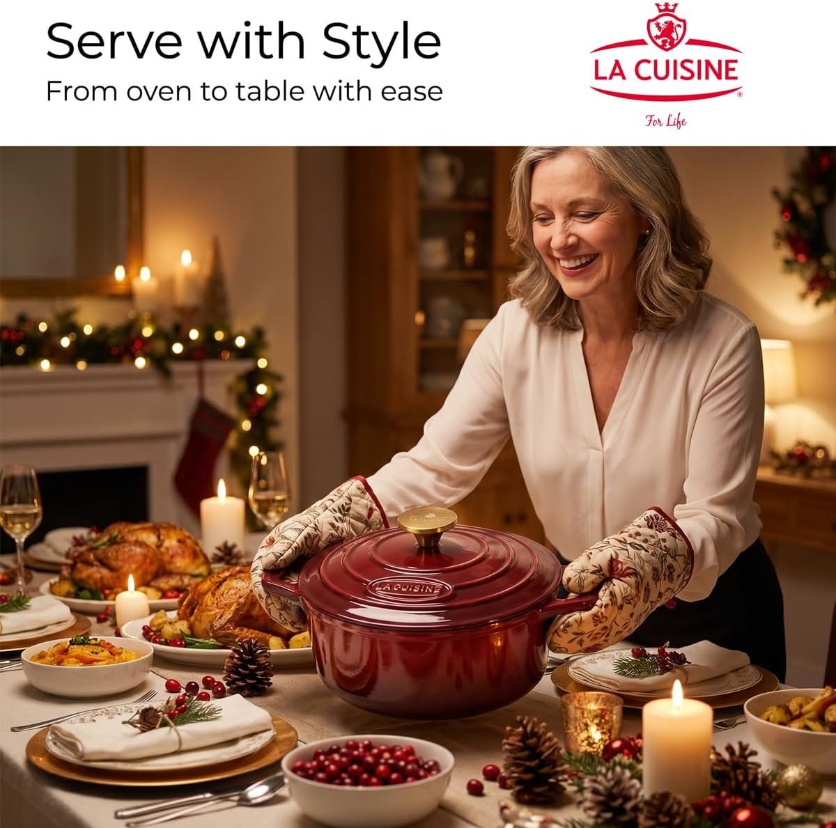 La Cuisine Enameled Cast Iron Dutch Oven Casserole Dish Pot with Lid, 2 Liters 20cm Dia. Matte Black Enamel Interior, Cranberry Enamel Finish Exterior, Gold-Plated Stainless Steel Lid Handle Oven Safe - Image 6