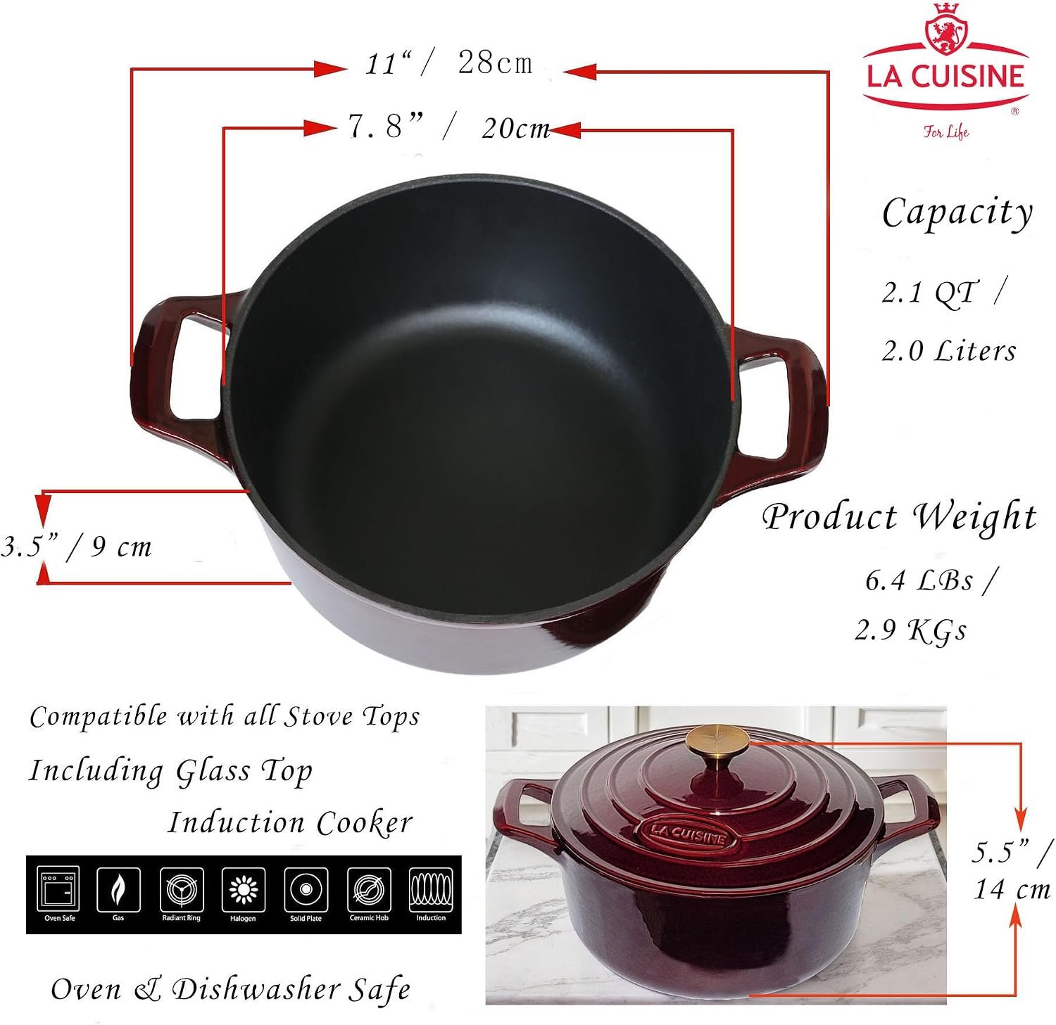 La Cuisine Enameled Cast Iron Dutch Oven Casserole Dish Pot with Lid, 2 Liters 20cm Dia. Matte Black Enamel Interior, Cranberry Enamel Finish Exterior, Gold-Plated Stainless Steel Lid Handle Oven Safe - Image 8