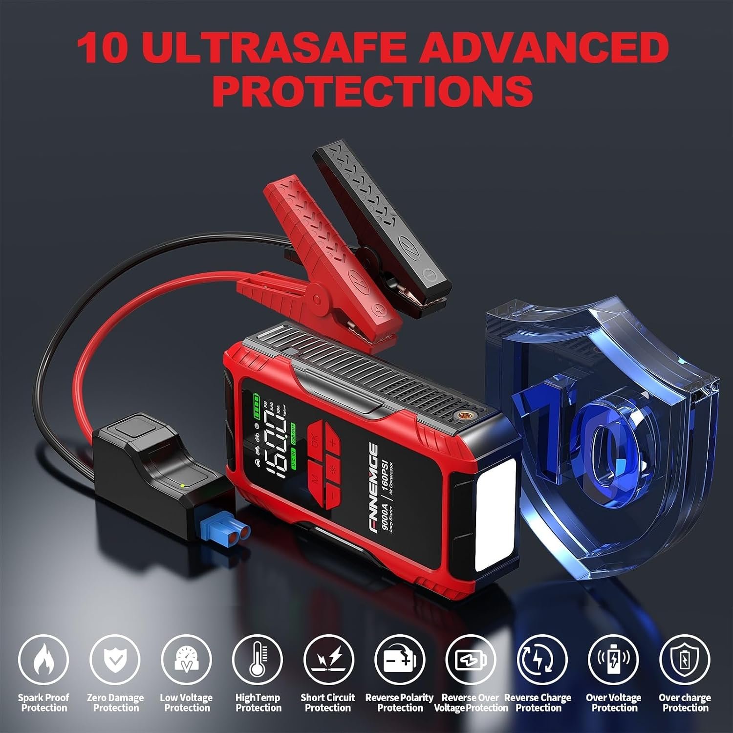 FNNEMGE 9000A Jump Starter with Air Compressor, 26800mAh 12V Battery Booster(for All Gas/10.0L Diesel), 160PSI Tire Inflator, with USB Output,2 LED Light,HD Large Screen. - Image 7