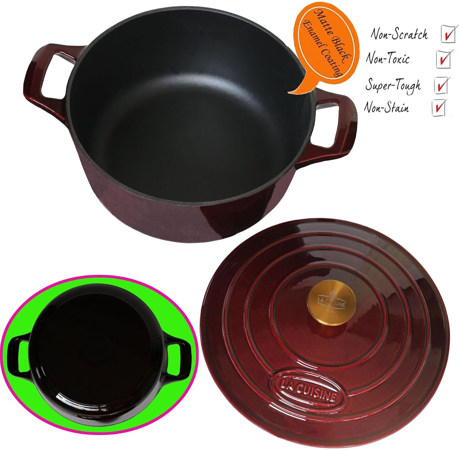 La Cuisine Enameled Cast Iron Dutch Oven Casserole Dish Pot with Lid, 2 Liters 20cm Dia. Matte Black Enamel Interior, Cranberry Enamel Finish Exterior, Gold-Plated Stainless Steel Lid Handle Oven Safe - Image 3