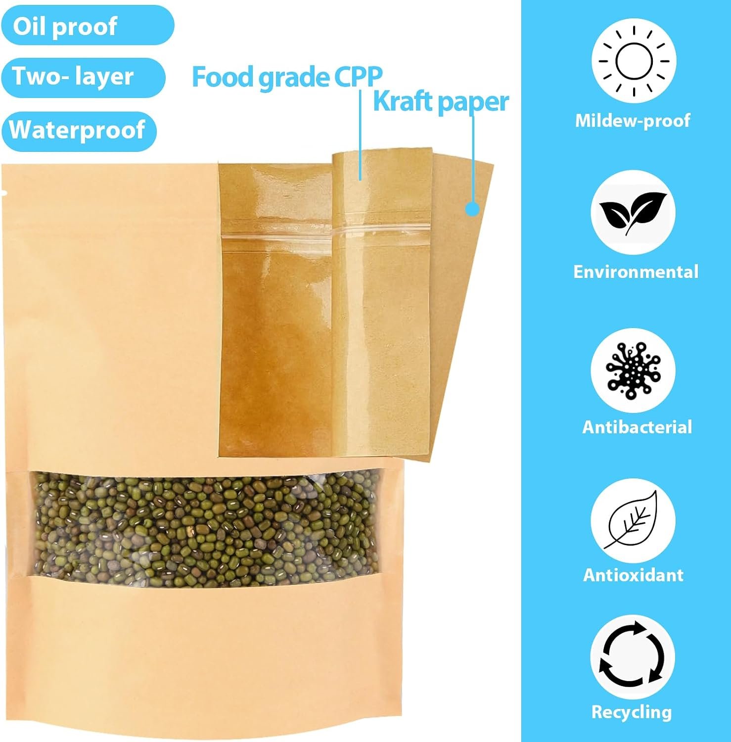 200 Pcs Kraft Paper Food Bags with Window Stand Up Pouches 16x22 cm, Zip Lock Food Storage Bags for Packaging Products, Reusable, Sealable - Image 3