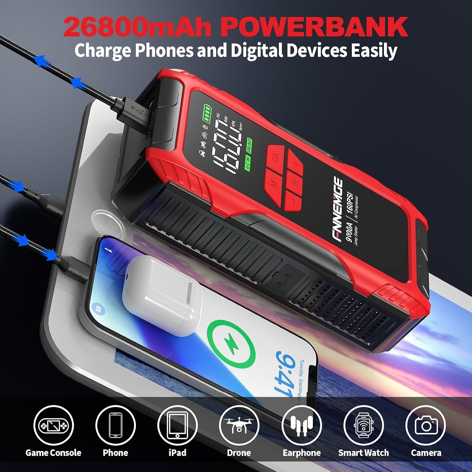 FNNEMGE 9000A Jump Starter with Air Compressor, 26800mAh 12V Battery Booster(for All Gas/10.0L Diesel), 160PSI Tire Inflator, with USB Output,2 LED Light,HD Large Screen. - Image 5