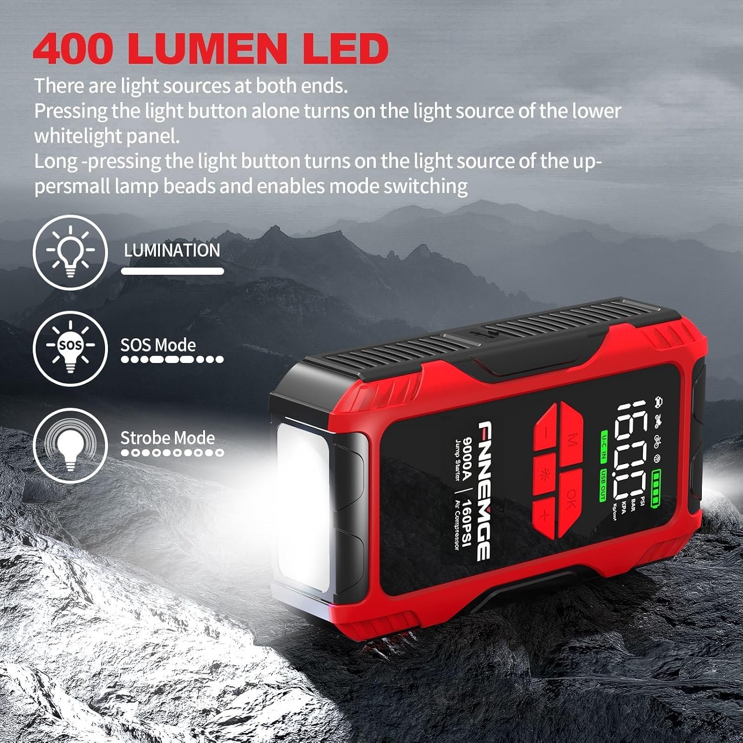 FNNEMGE 9000A Jump Starter with Air Compressor, 26800mAh 12V Battery Booster(for All Gas/10.0L Diesel), 160PSI Tire Inflator, with USB Output,2 LED Light,HD Large Screen. - Image 6