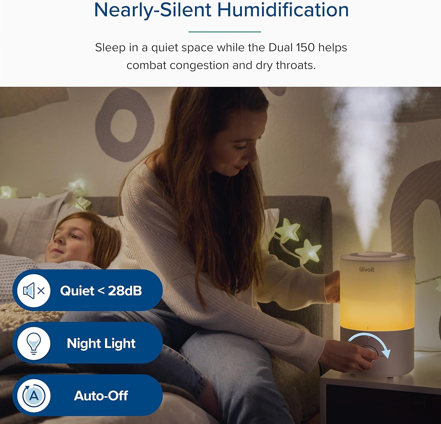 LEVOIT 3L Humidifiers for Bedroom Baby Room with Night Light, Cool Mist Humidifier for Home, Office & Plant, Auto-Off, Up to 25H for 27 ㎡, Quiet Operation with 360° Rotation Nozzle- 2 Filter Sponge - Image 5