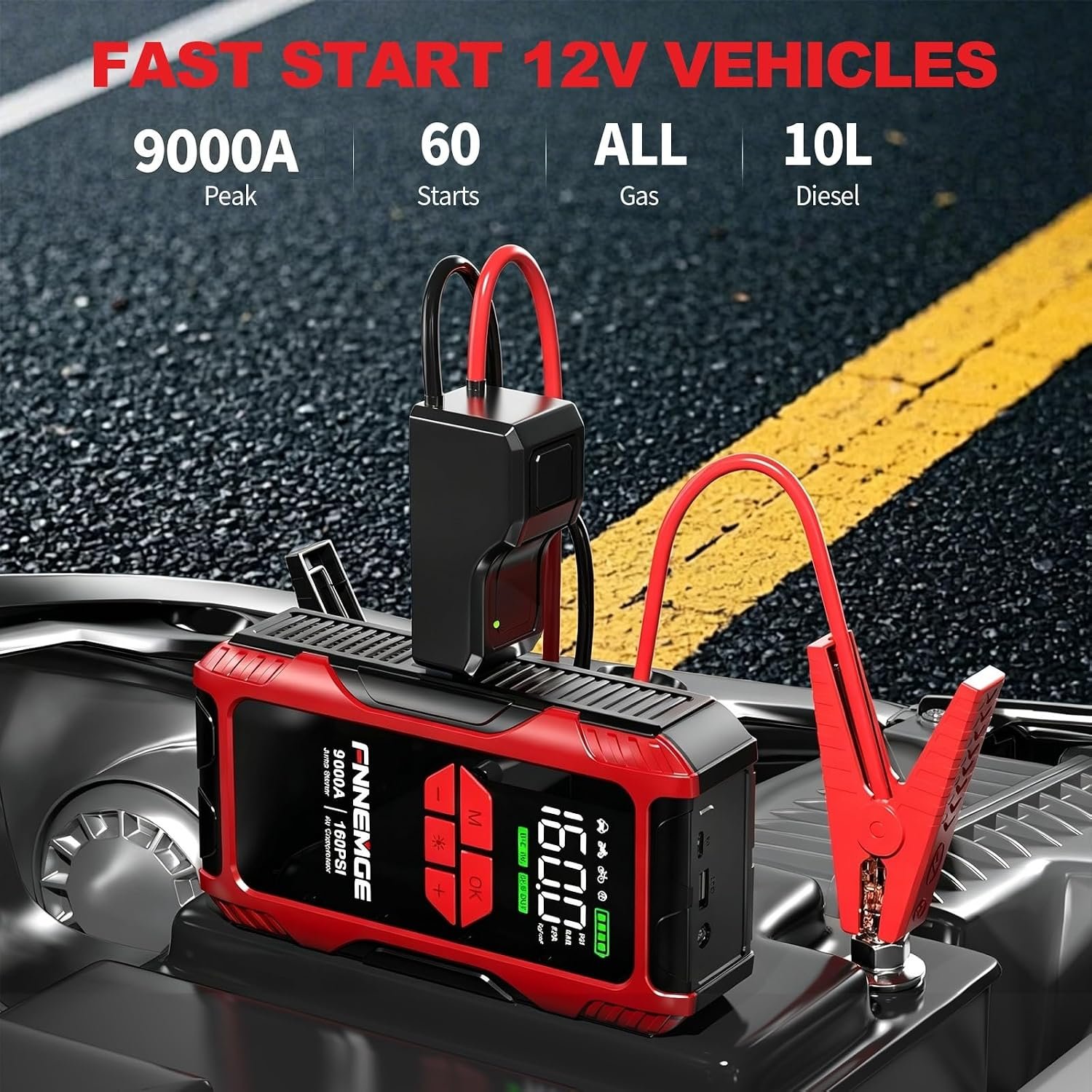 FNNEMGE 9000A Jump Starter with Air Compressor, 26800mAh 12V Battery Booster(for All Gas/10.0L Diesel), 160PSI Tire Inflator, with USB Output,2 LED Light,HD Large Screen. - Image 2