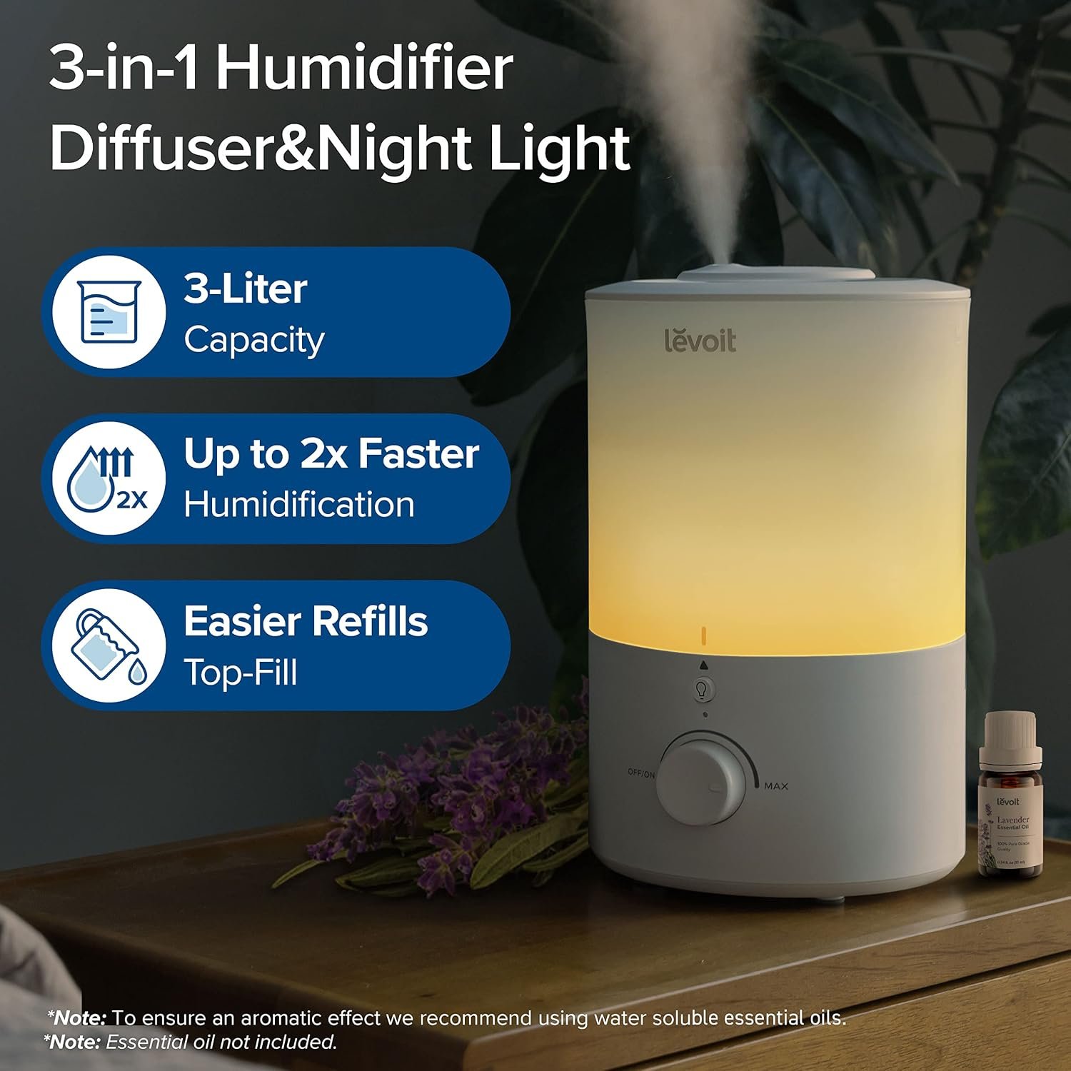 LEVOIT 3L Humidifiers for Bedroom Baby Room with Night Light, Cool Mist Humidifier for Home, Office & Plant, Auto-Off, Up to 25H for 27 ㎡, Quiet Operation with 360° Rotation Nozzle- 2 Filter Sponge - Image 2