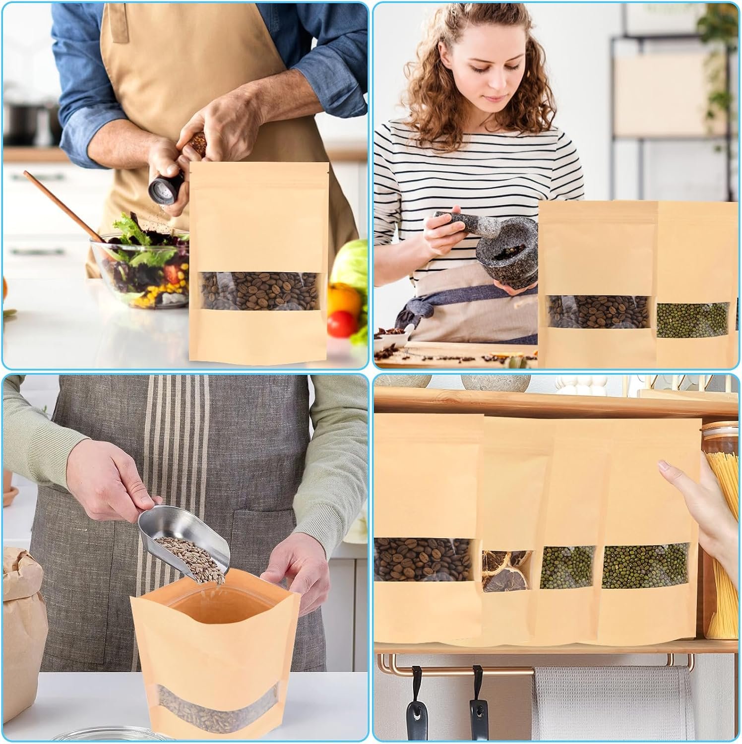 200 Pcs Kraft Paper Food Bags with Window Stand Up Pouches 16x22 cm, Zip Lock Food Storage Bags for Packaging Products, Reusable, Sealable - Image 6