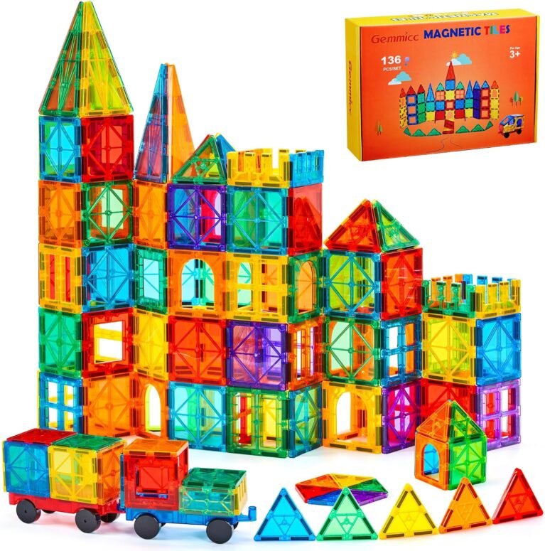 Gemmicc Magnetic Tiles, Deluxe 136 PCS Building Blocks Magnet Toys for Kids,3D Magnet Puzzles Stacking Blocks for Boys Girls,Huge Set with 2 Cars